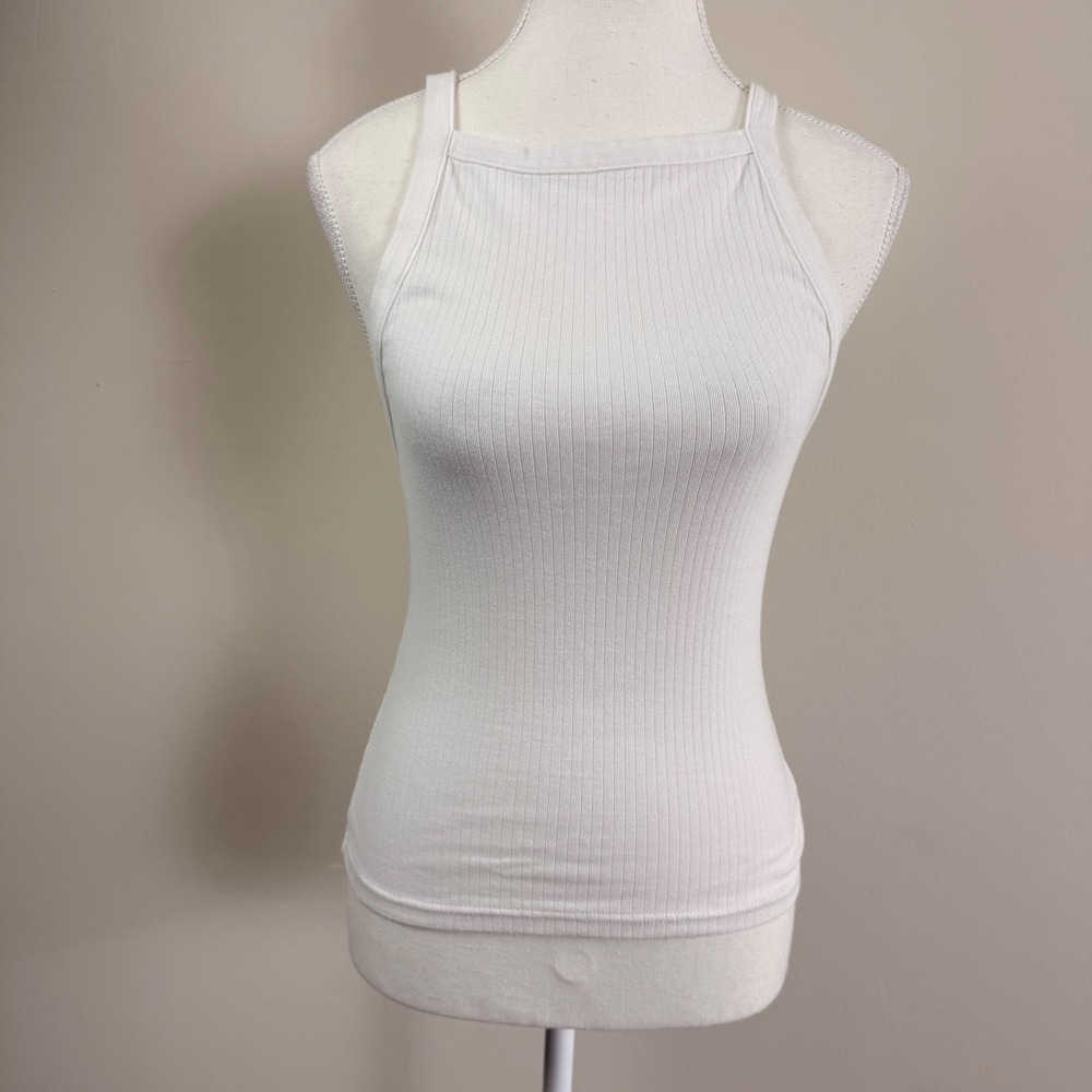 Free People Intimately‎ White Ribbed High Neck Square Neck Tank Top Small